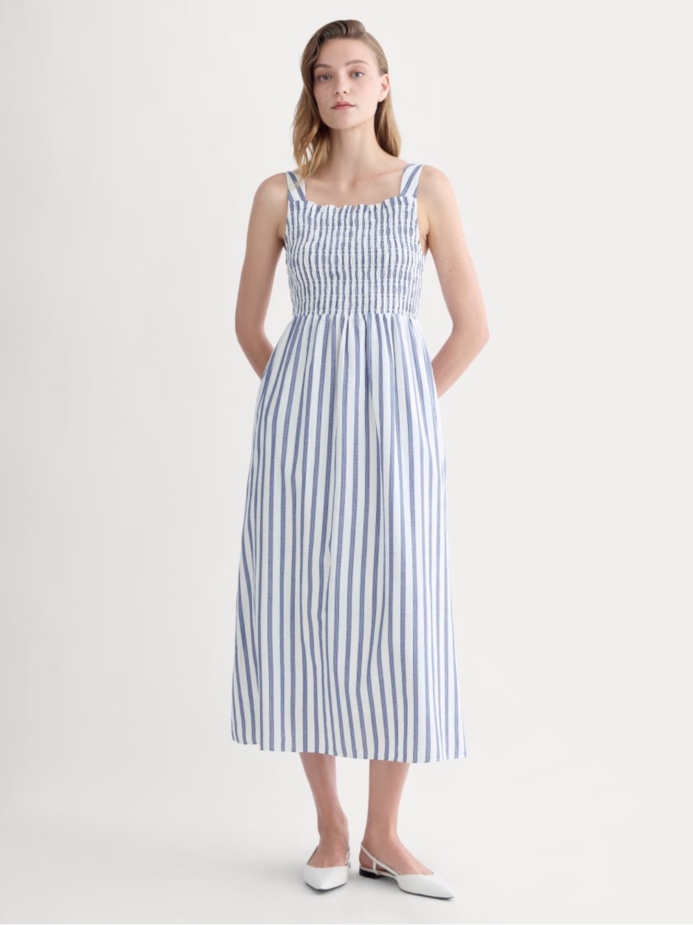 Everlane The Gauze Smock Dress White Mazarine Blue Size XXS NWOT Organic Cotton